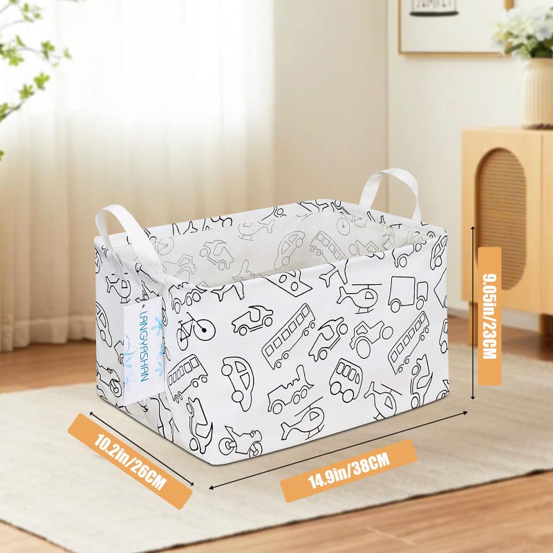 LANGYASHAN Rectangular Storage Bin Collapse Canvas Fabric Cartoon Storage Basket with Handles for Organizing Home Kitchen Boys and Girls Toys Office Closet Shelf Baskets (Rec Vehicle) - Image 2